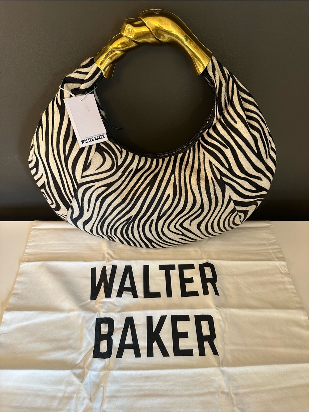Zebra Calf Hair Hobo Gold Tone Metal Handle Walter Baker Mombasa Black NWT $548